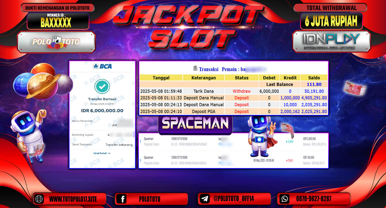 POLOTOTO JACKPOT SLOT SPACEMAN Rp.6.000.000,-