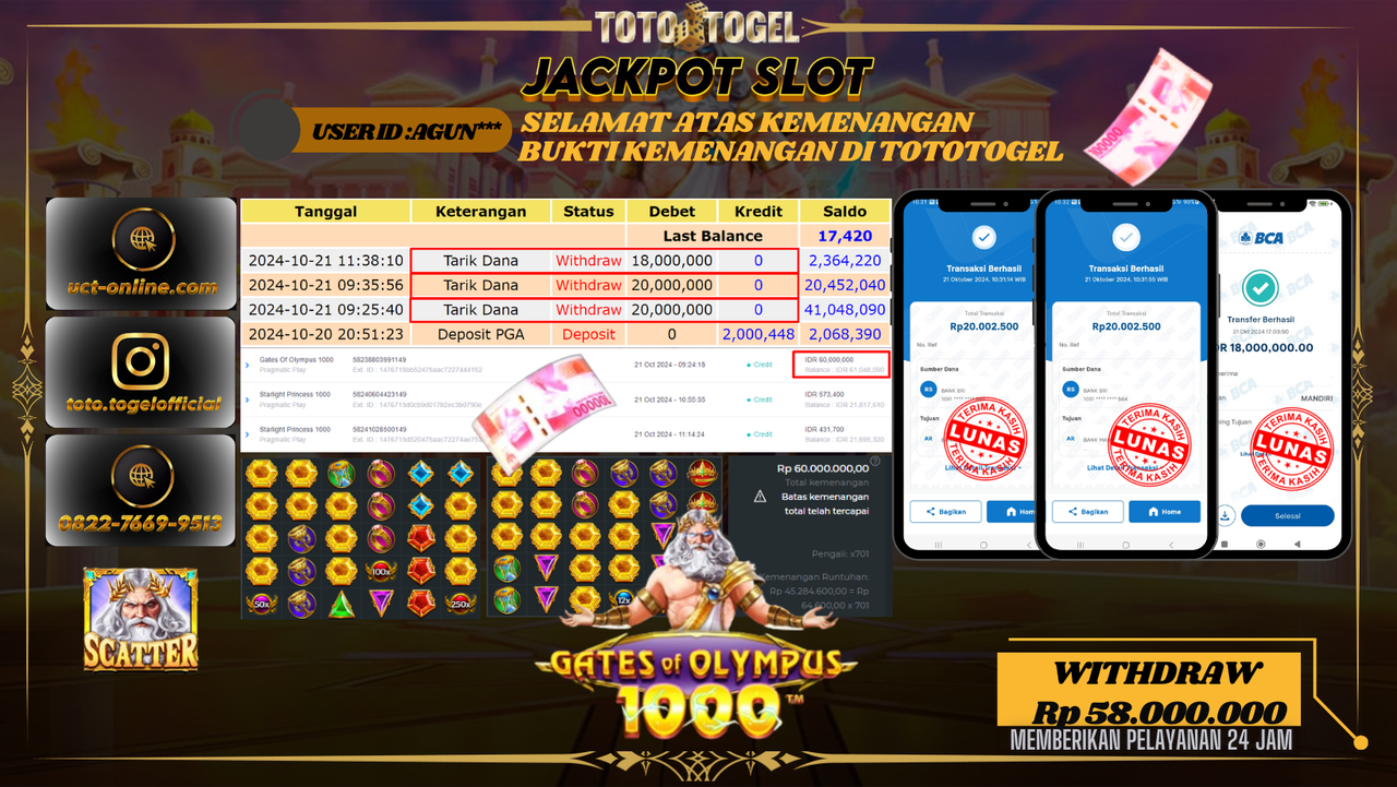 Bukti Pembayaran Permainan Jackpot Slot Gates Of Olympus 1000 Dengan ID : AGUN*** LUNAS