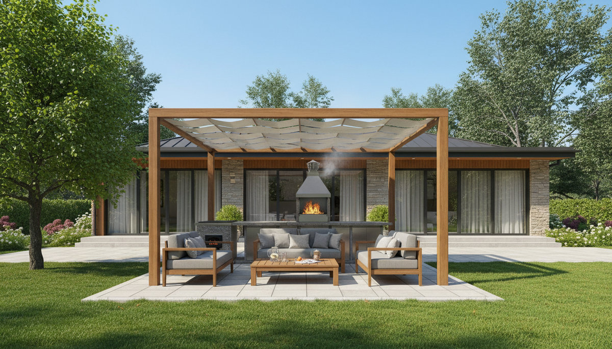 Уютная зона барбекю с каменной печью из гранита Зона барбекю на даче с печью из гранита