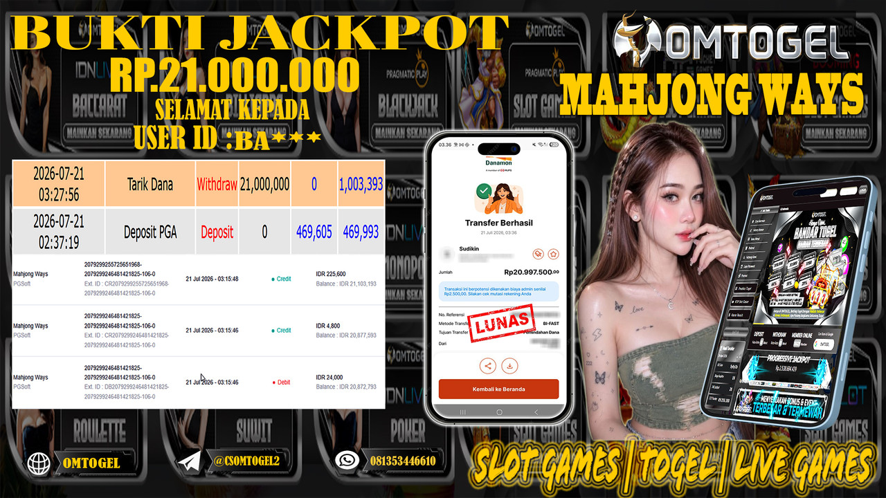 OMTOGEL JACKPOT PG SOFT MAHJONG WAYS  Rp,21,000,000,- DIBAYAR LUNAS