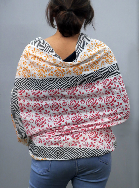 Dual Bloom Floral & Geometric Handblock Printed Cotton Scarf