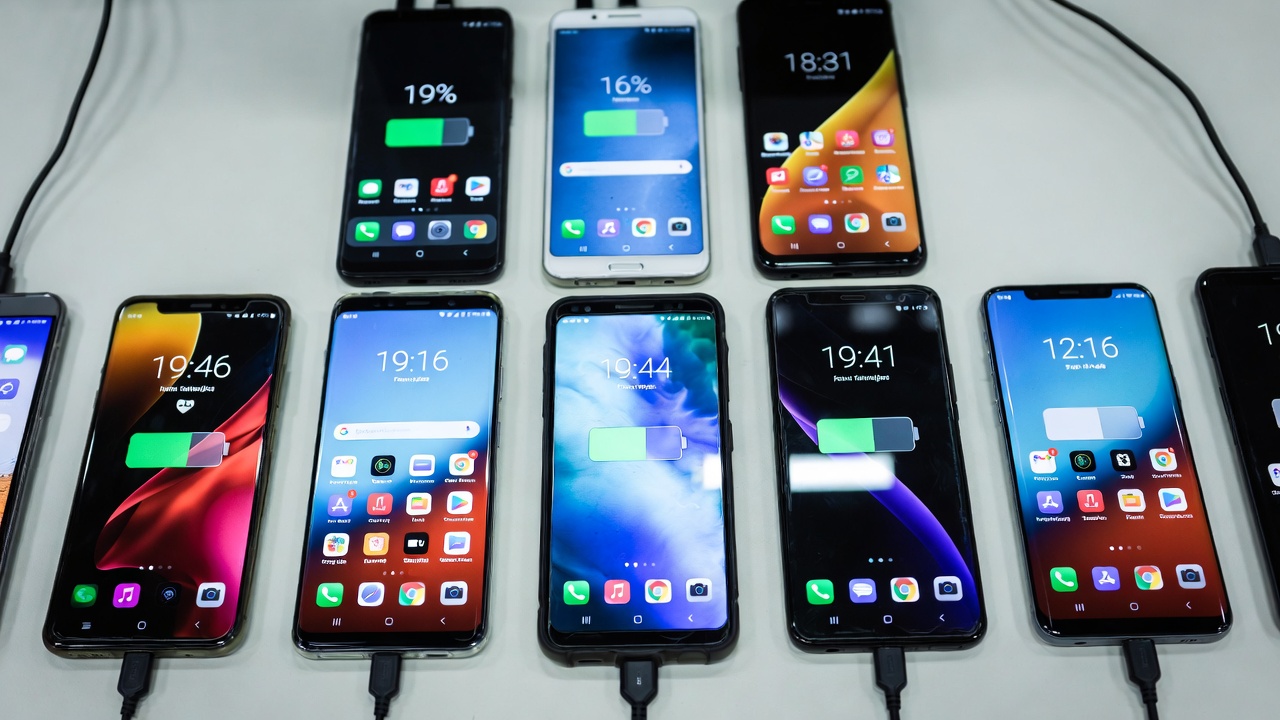 Smartphone battery life test results showing multiple phones undergoing standardized battery drain testing