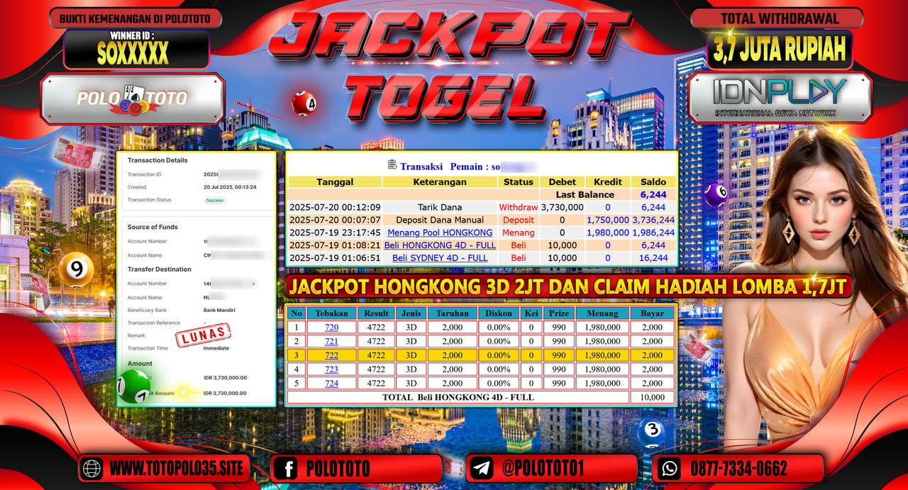 POLOTOTO JACKPOT TOGEL HONGKONG LOTTO Rp.3.700.000,- LUNAS