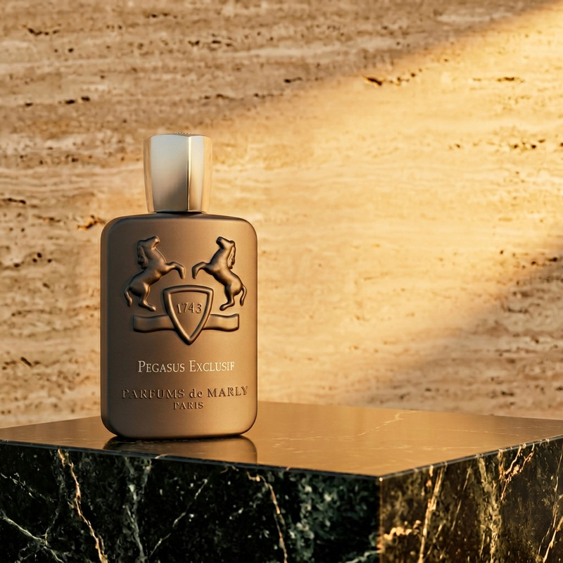 Premium men's cologne in black matte bottle with gold lettering on dark background