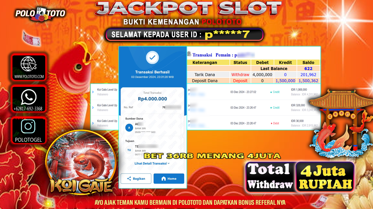 POLOTOTO JACKPOT SLOT KOI GATE Rp.4,000.000,-