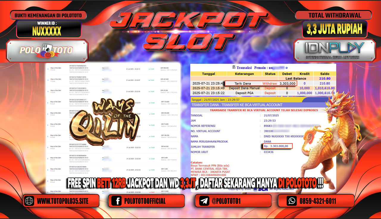 POLOTOTO JACKPOT SLOT WAYS OF THE QILIN 1000 Rp.3.300.000,- LUNAS