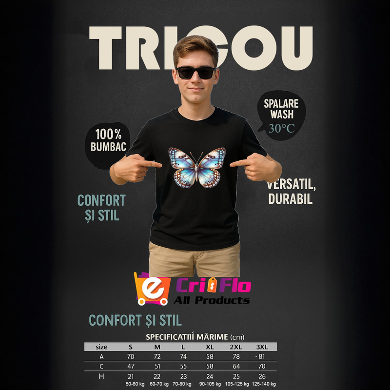 Tricou Barbat Fluture bej si albastru pastelat in stil ilustrativ, Barbat, 100% bumbac, Cri-Flo, Culoare Negru, Marime M