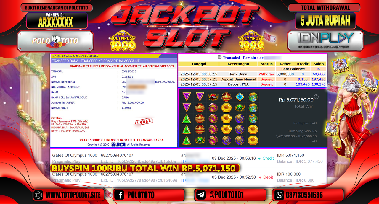 POLOTOTO JACKPOT SLOT GATES OF OLYMPUS 1000 Rp.5.000.000,- LUNAS