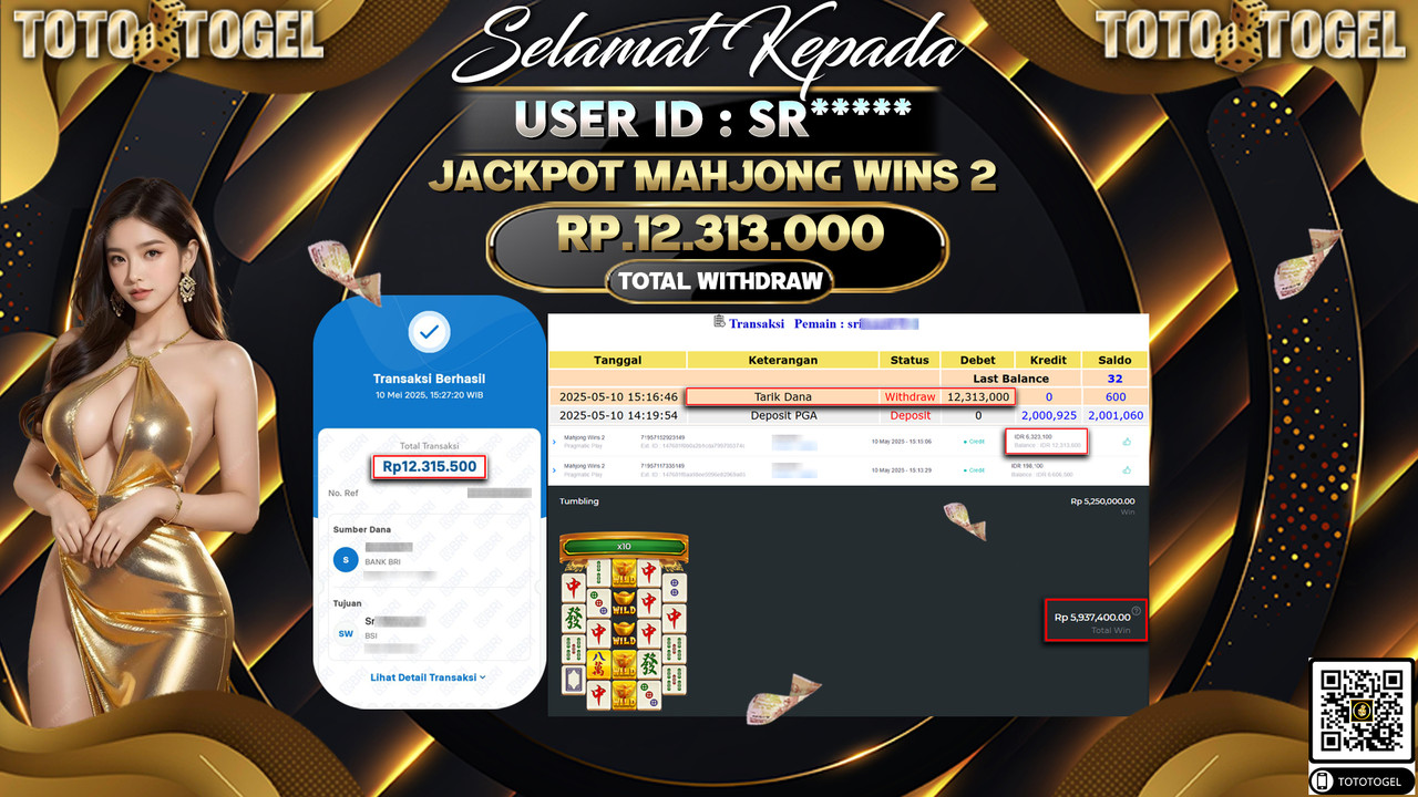 Bukti Pembayaran Jackpot  Permainan Slot Mahjong Wins 2 ID:SR***** LUNAS