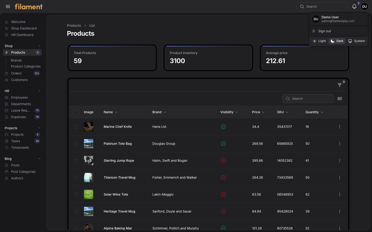 Stature Theme user menu in dark mode
