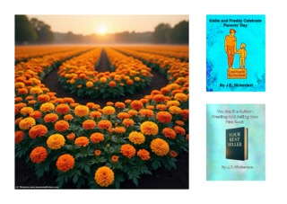 A vibrant field of orange and yellow marigolds at golden hour, forming gentle curves under a glowing sunrise. Alongside the flowers are two book covers by J.E. Nickerson: ‘Eddie and Freddy Celebrate Parents’ Day,’ featuring a boy and his puppy, and ‘You Are The Author: Creating And Selling Your First Book,’ a nonfiction guide for new writers.
