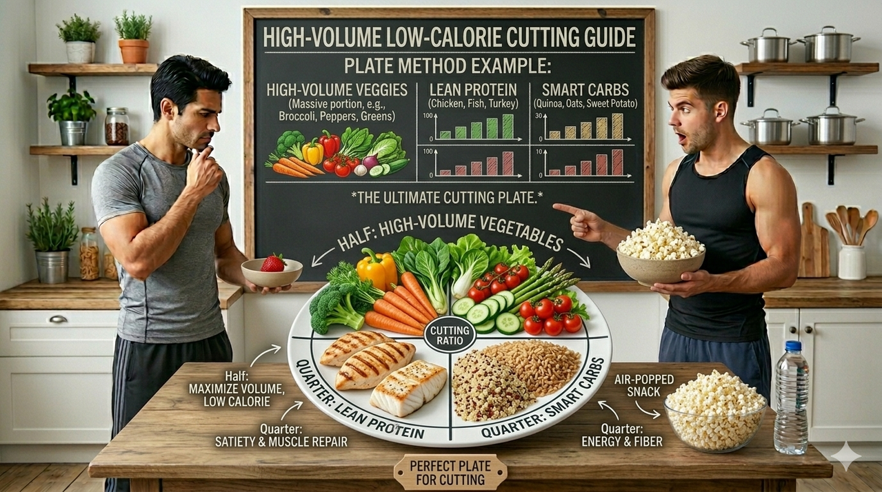 Plate method diagram showing half vegetables, quarter protein, quarter carbs for best high-volume low-calorie foods for cutting