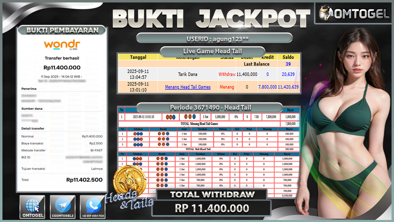 OMTOGEL JACKPOT LIVE GAMES HEAD TAIL 11 JUTA DI BAYAR LUNAS ,-