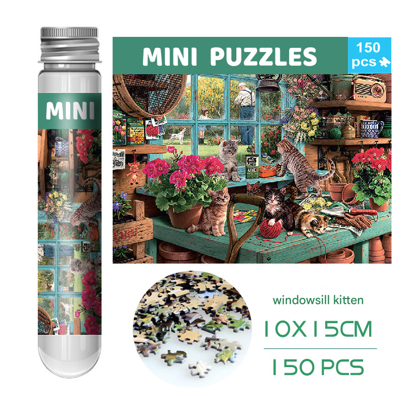 2 PCS 150-Piece Mini Puzzle in Reusable Tube – Compact Jigsaw for Home or Travel, Frame Not Included(104-The Cat on the Windowsill)