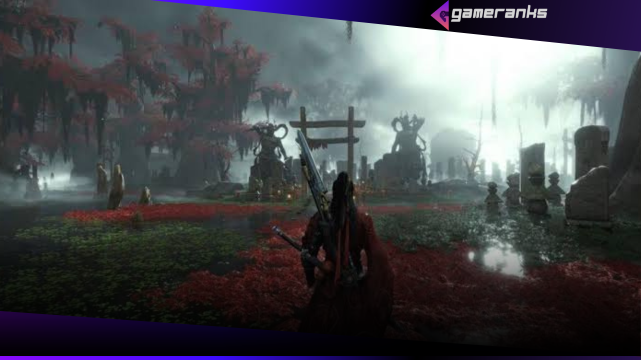 Personagem principal em combate com espada em ambiente tradicional chinês