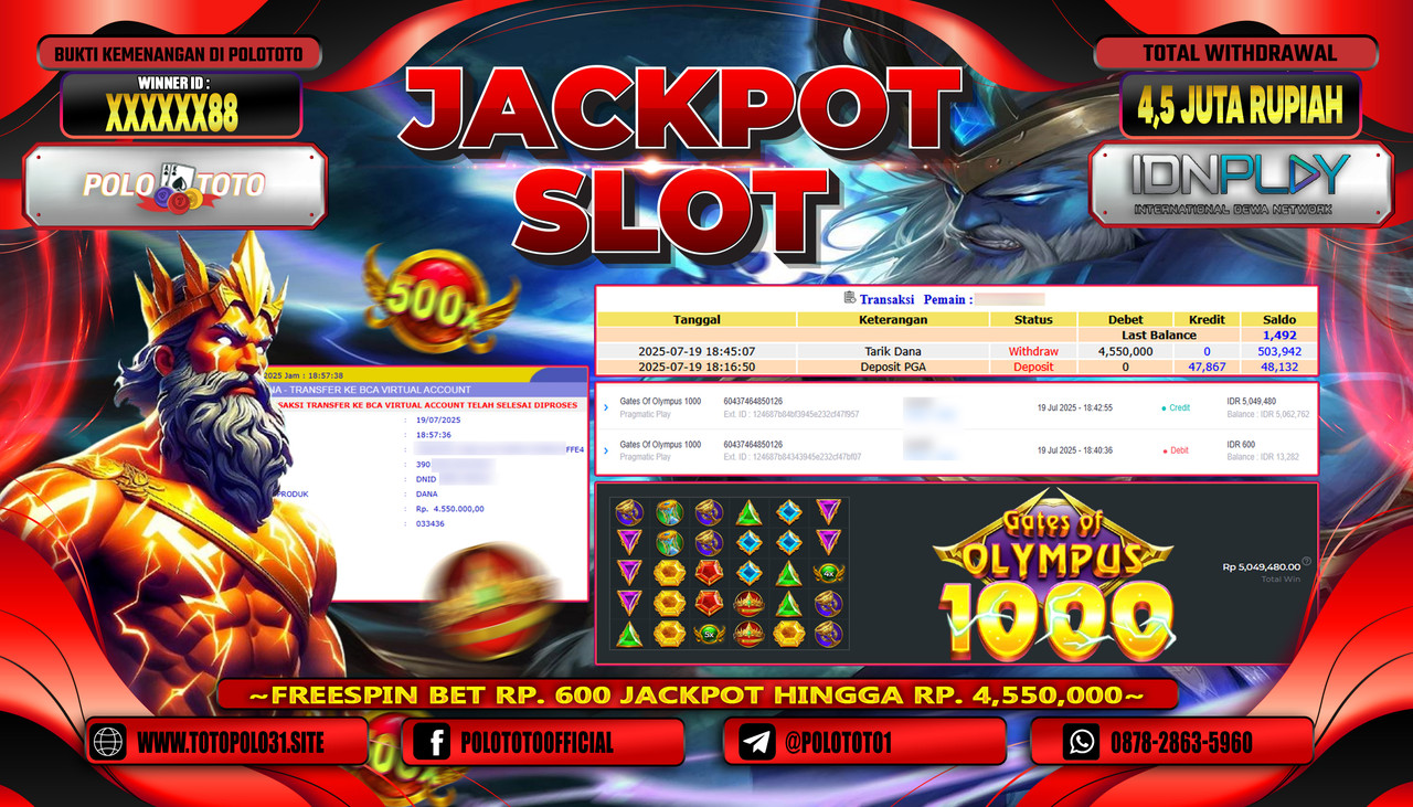 POLOTOTO JACKPOT SLOT GATES OF OLYMPUS 1000 Rp.4.550.000,- LUNAS