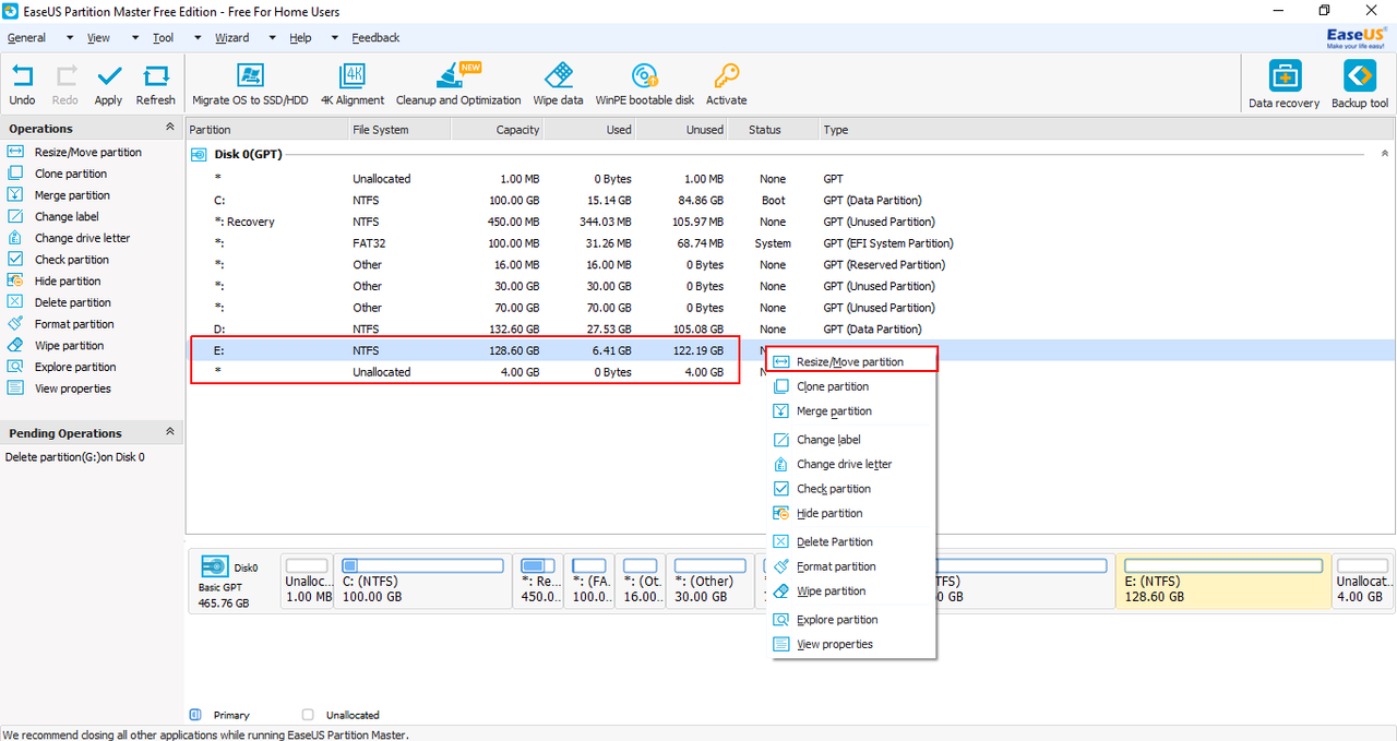 EaseUS Partition Master Free - Delete partition