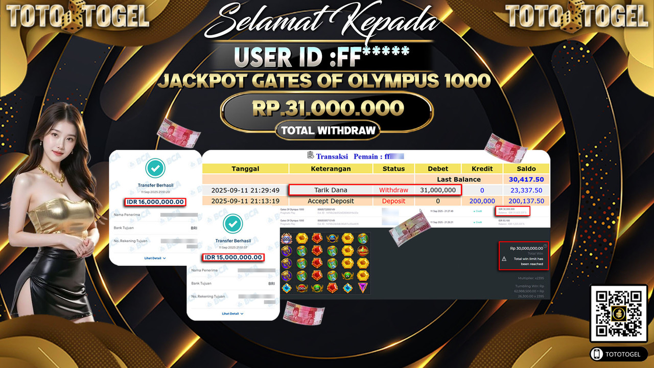 Bukti Pembayaran Jackpot Permainan Slot Gates Of Olympus 1000 ID:FF***** LUNAS