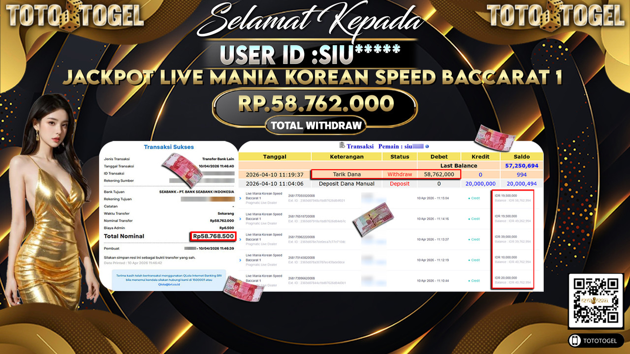 Bukti Pembayaran Jackpot Permainan Pragmatic Live Mania Korean Speed Baccarat 1 ID:SIU*****LUNAS