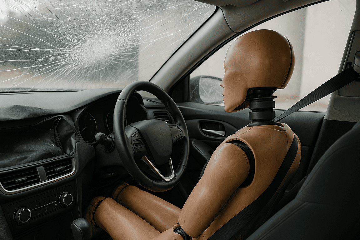 Манекен пристегнут в салоне после удара видны вторжения