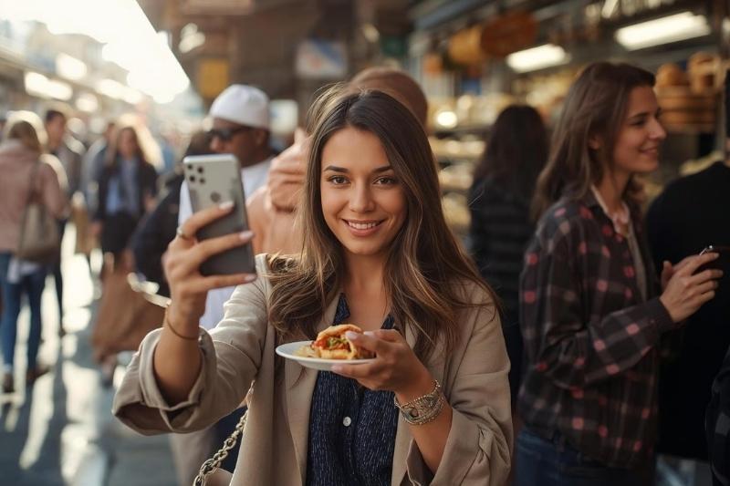 Micro-influencer e marketing di prossimità Giovane donna che si scatta un selfie mentre mangia street food in un mercato affollato, simbolo delle micro-influencer e della promozione locale sui social.