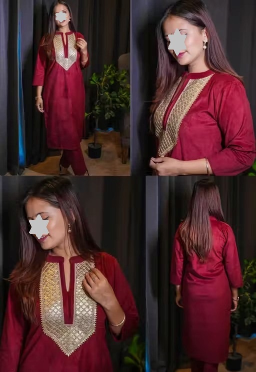 Women's Woolen Velvet Kurta and Pant Set | Winter Wear | Warm Velvet Ethnic Outfit | V-Neck Embroidery Lace Work Design | Maroon Colour Color 3 (KS129)