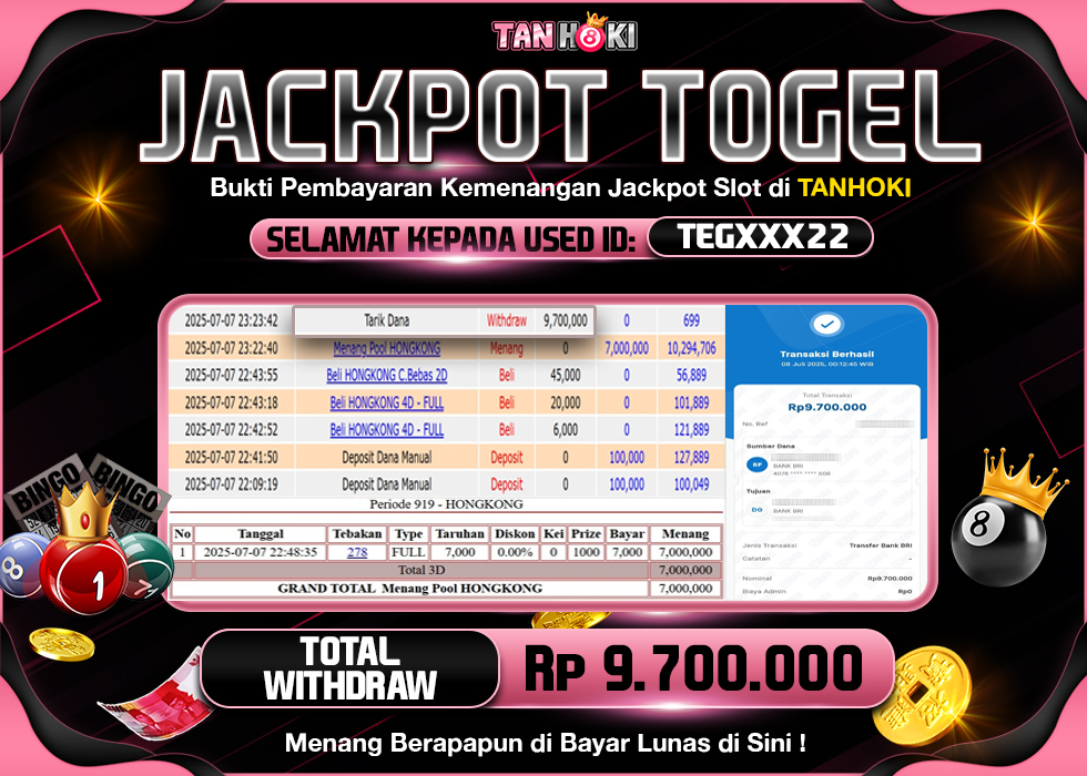 TANHOKI JACKPOT TOGEL HONGKONG LOTTO Rp.9.700.000,- LUNAS