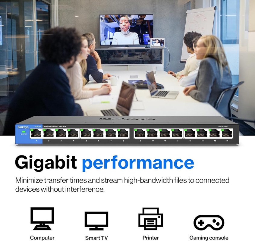 Vista trasera del switch Linksys LGS116 con múltiples cables de red conectados.