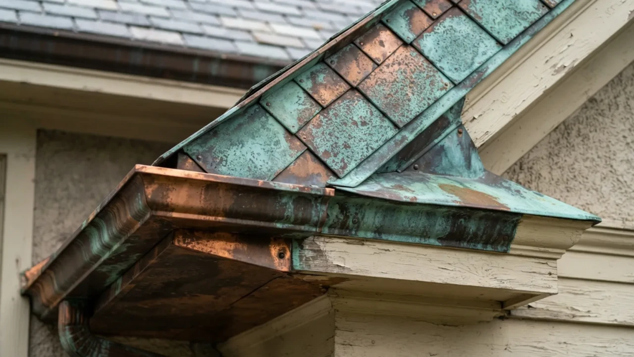 Copper metal roof on a residential home showing natural patina development
