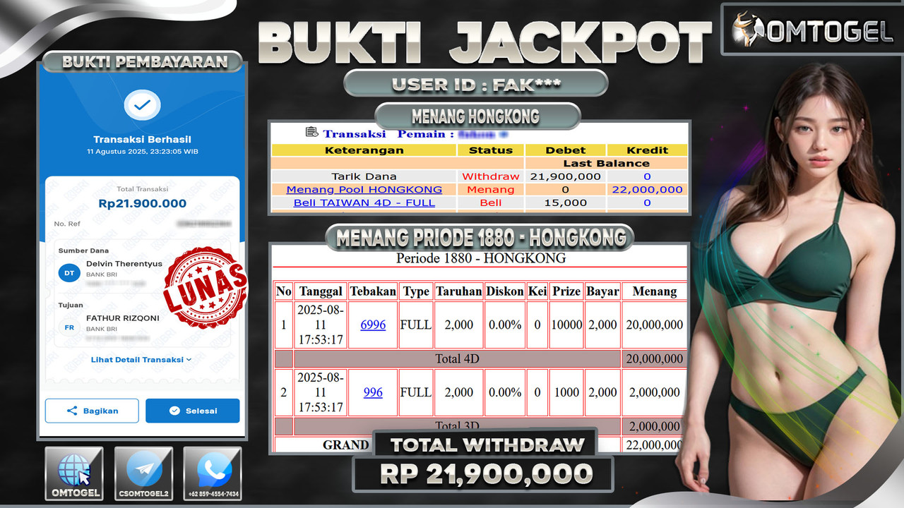 OMTOGEL JACKPOT HONGKONG 4D 3D 21 JUTA DI BAYAR LUNAS ,-