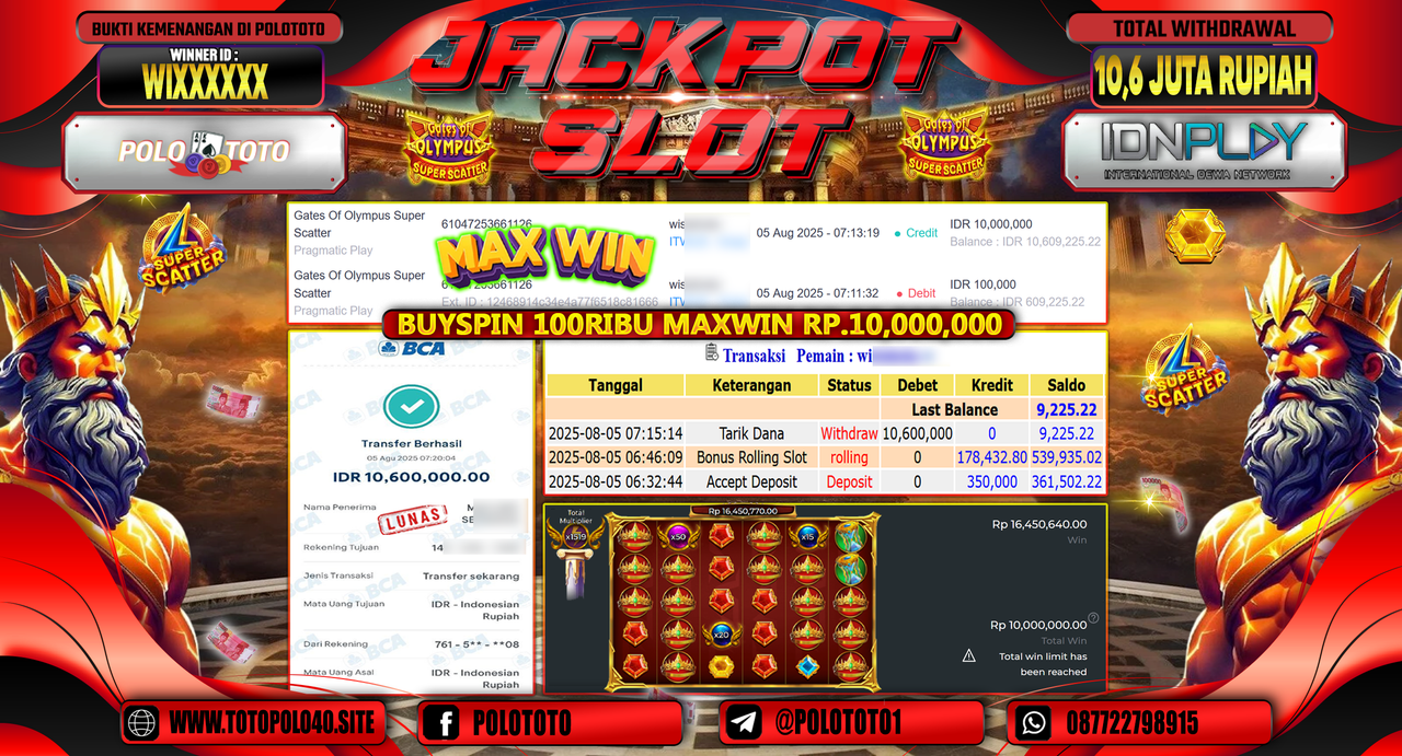 POLOTOTO JACKPOT SLOT GATES OF OLYMPUS SUPER SCATTER Rp.10.600.000,-LUNAS