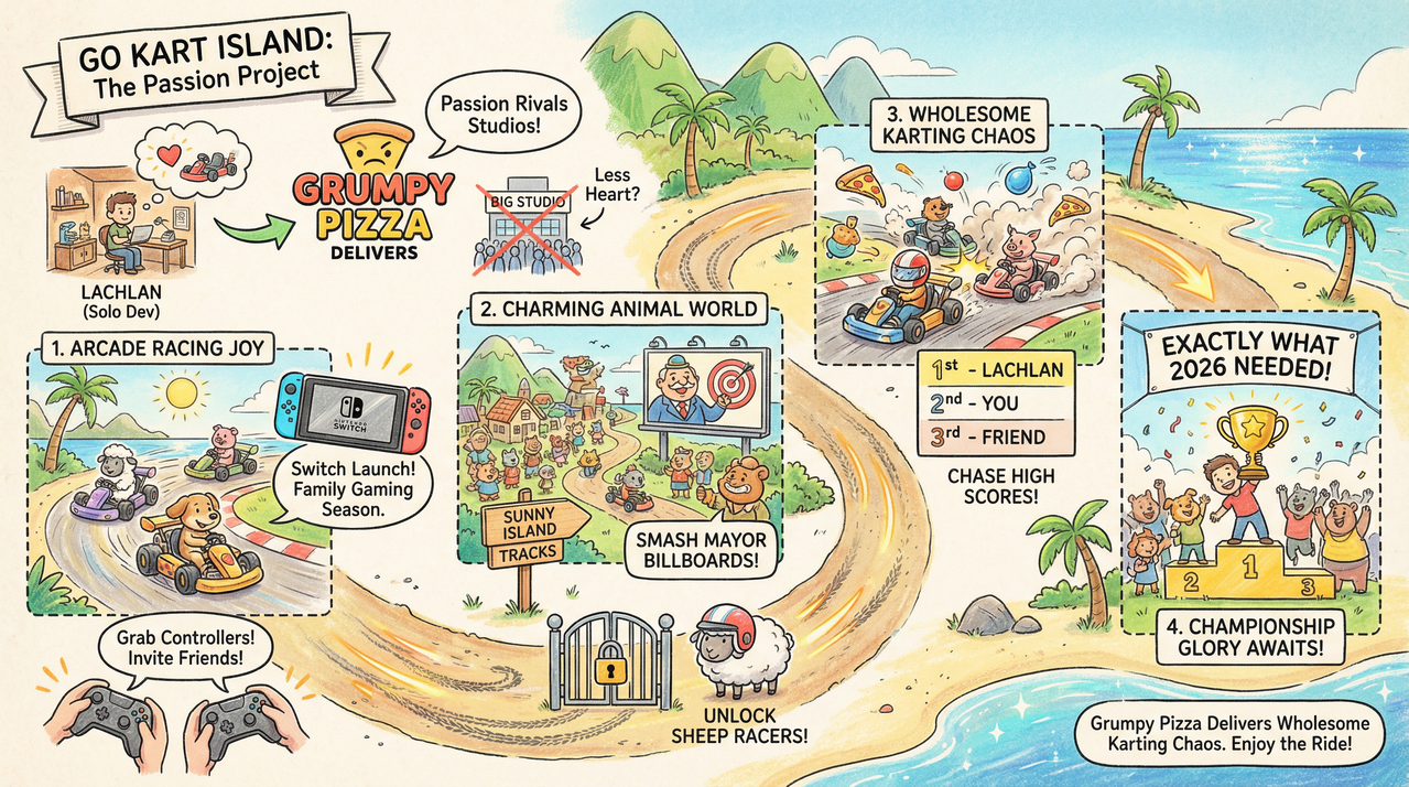 Colorful go-kart racing with animal characters on tropical island track