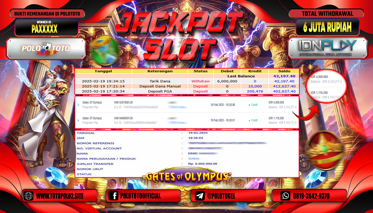 POLOTOTO JACKPOT SLOT GATES OF OLYMPUS Rp.6.000.000,-