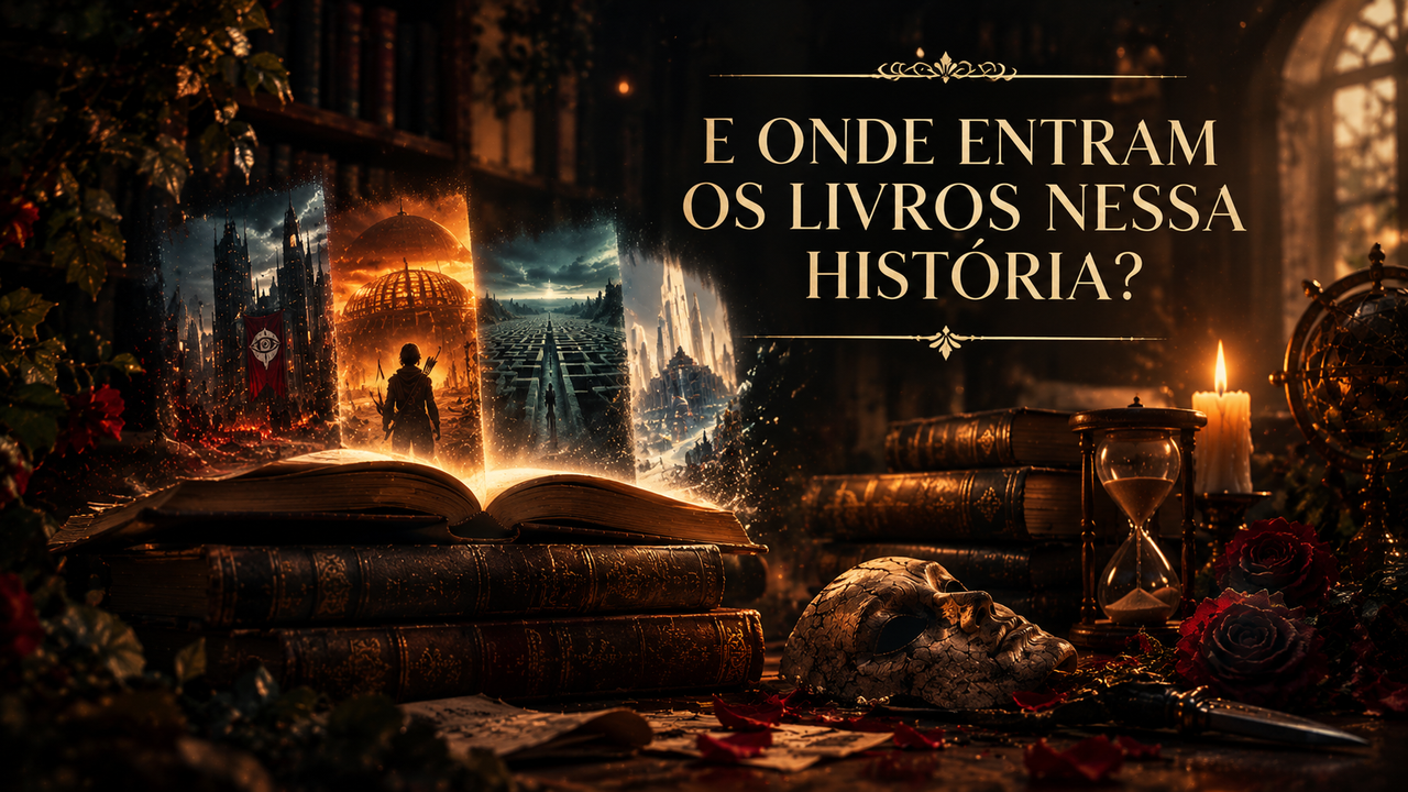 E onde entram os livros nessa história? - Ilustração de livro e mundos distópicos