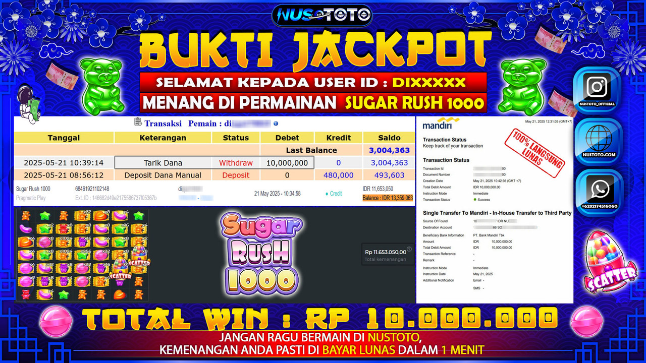 JACKPOT !! MENANG BESAR DI SLOT SUGAR RUSH 1000 Rp. 10.000.000 LANGSUNG DI BAYAR LUNAS NUSTOTO !!