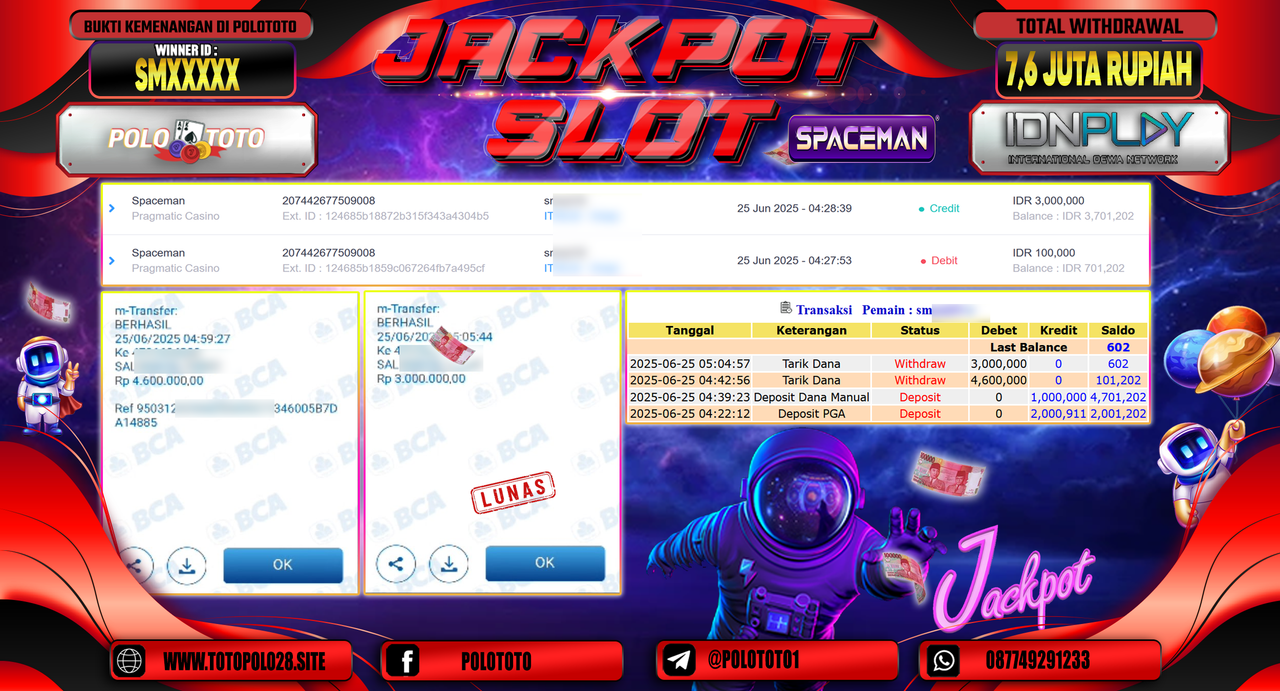 POLOTOTO JACKPOT SLOT SPACEMAN Rp.7.600.000,-