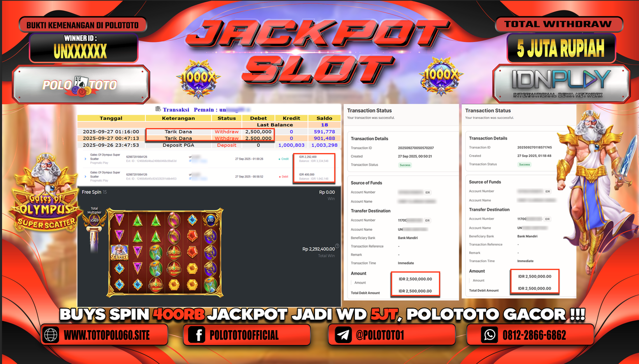 POLOTOTO JACKPOT SLOT GATES OF OLYMPUS SUPER SCATTER Rp.5.000.000,- LUNAS