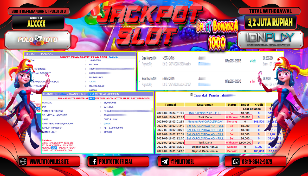 POLOTOTO JACKPOT SLOT SWEET BONANZA 1000 Rp.3.200.000,-