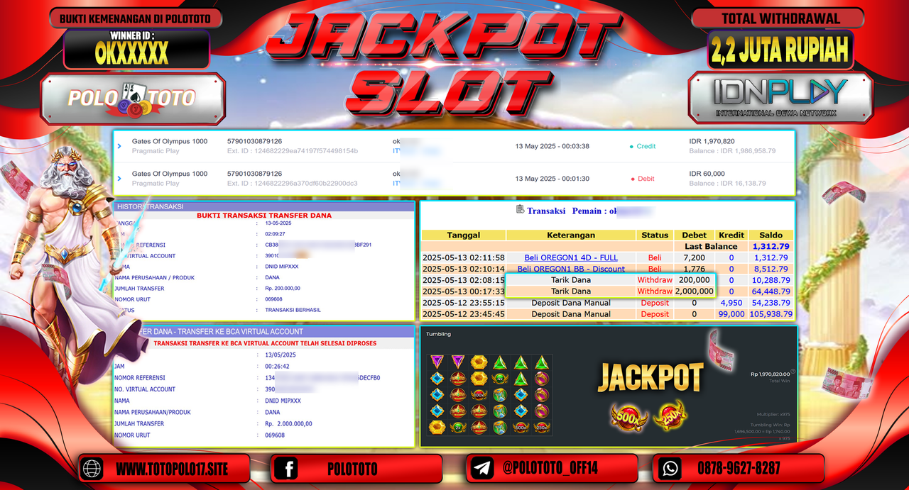POLOTOTO JACKPOT SLOT GATES OF OLYMPUS 1000 Rp.2.200.000,-