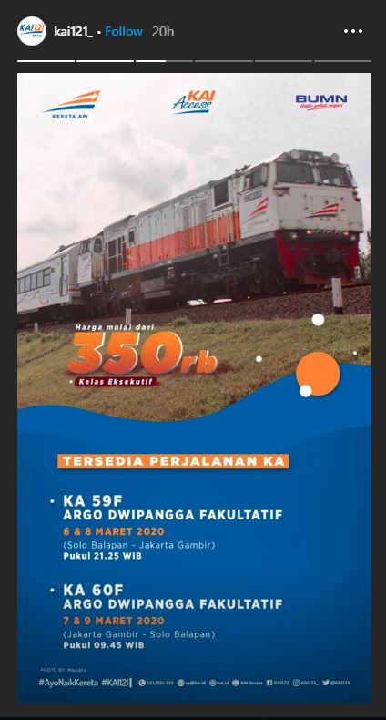 Jadwal dan tarif tiket KA Argo Dwipangga Fakultatif.