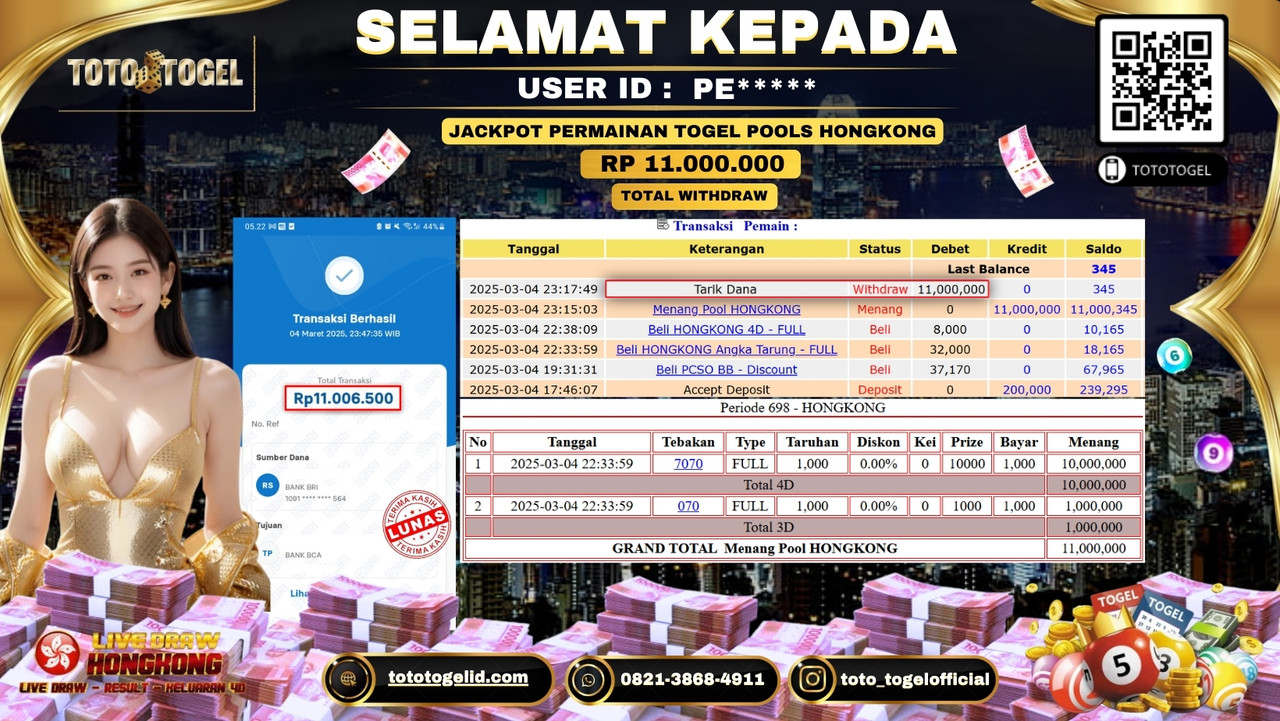 Bukti Pembayaran Jackpot  Permainan Togel Pools Hongkong  ID:PE***** LUNAS