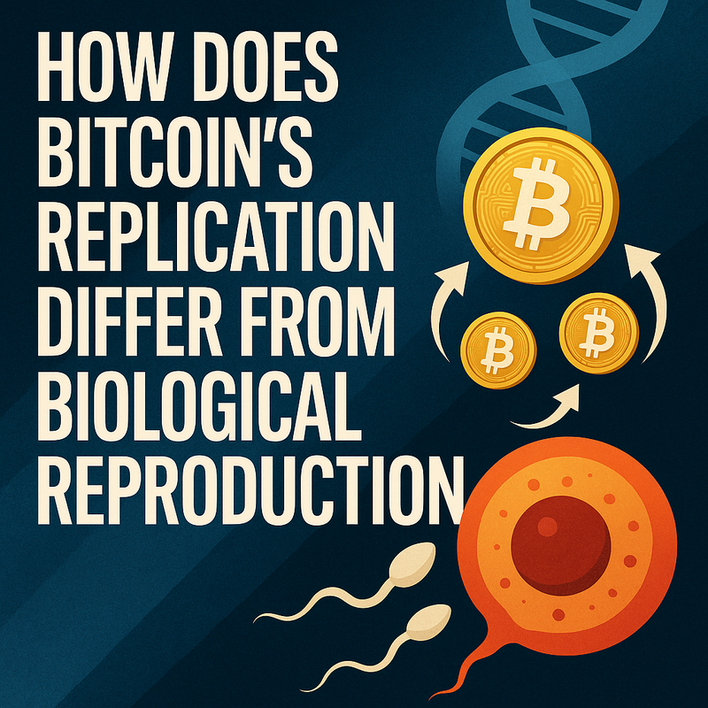 How does Bitcoin's replication differ from biological reproduction