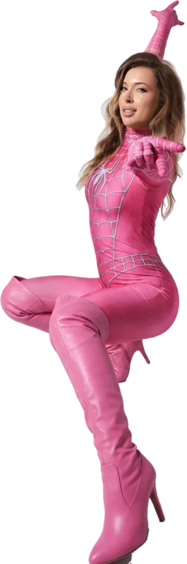Mari G in a pink costume and pink boots, reaching toward the camera