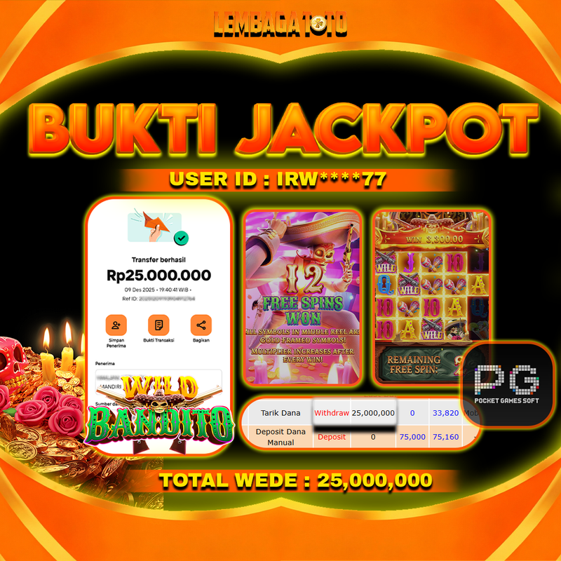 BUKTI JACKPOT 10 DECEMBER LEMBAGATOTO WILD BANDITO Rp25,000,000,- LUNAS
