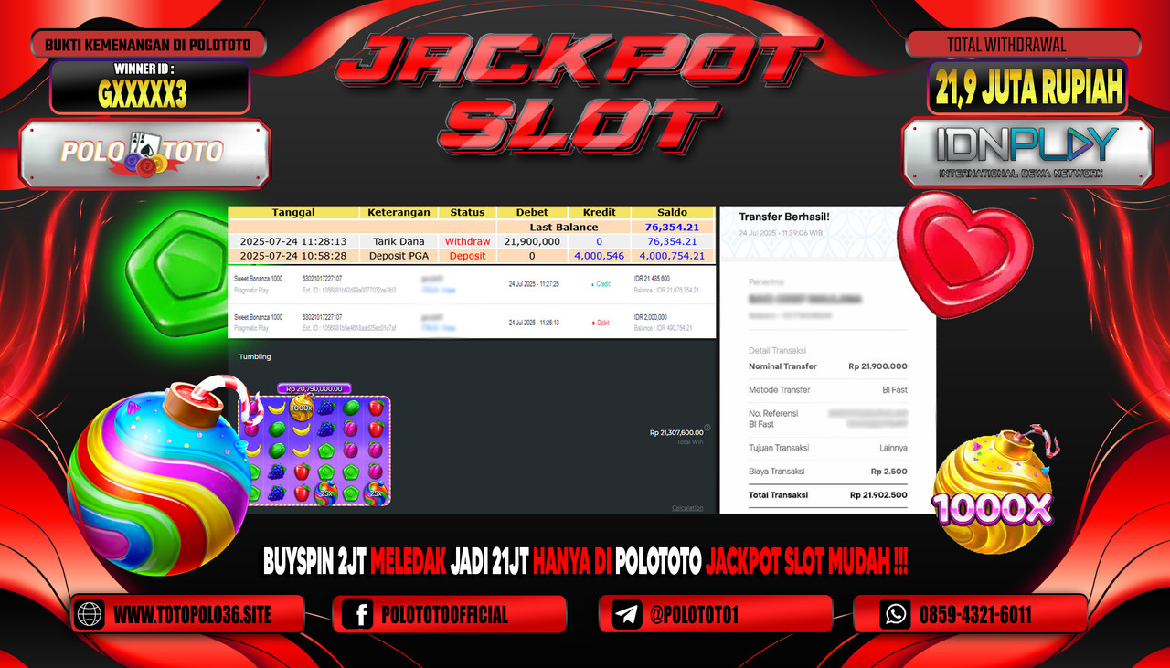 POLOTOTO JACKPOT SLOT SWEET BONANZA 1000 Rp.21.900.000,-