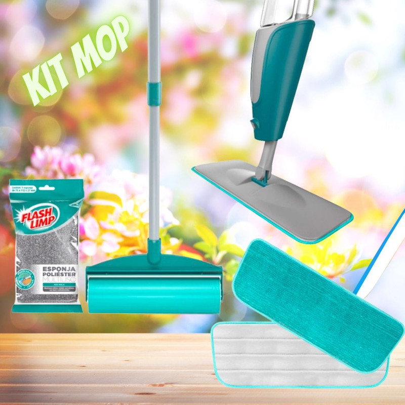 Mop Spray com 2 Refis + Rolo Adesivo Lavável para Sofás e Tapetes + Esponja Multiuso – Fun Clean