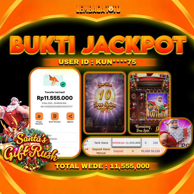 BUKTI JACKPOT 14 DECEMBER LEMBAGATOTO SANTA S GIFT RUSH Rp11,555,000,- LUNAS