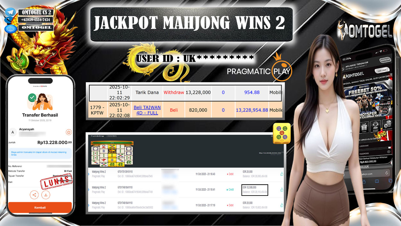 OMTOGEL JACKPOT PRAGMATIC PLAY MAHJONG WINS 2 13 JUTA DI BAYAR LUNAS ,-