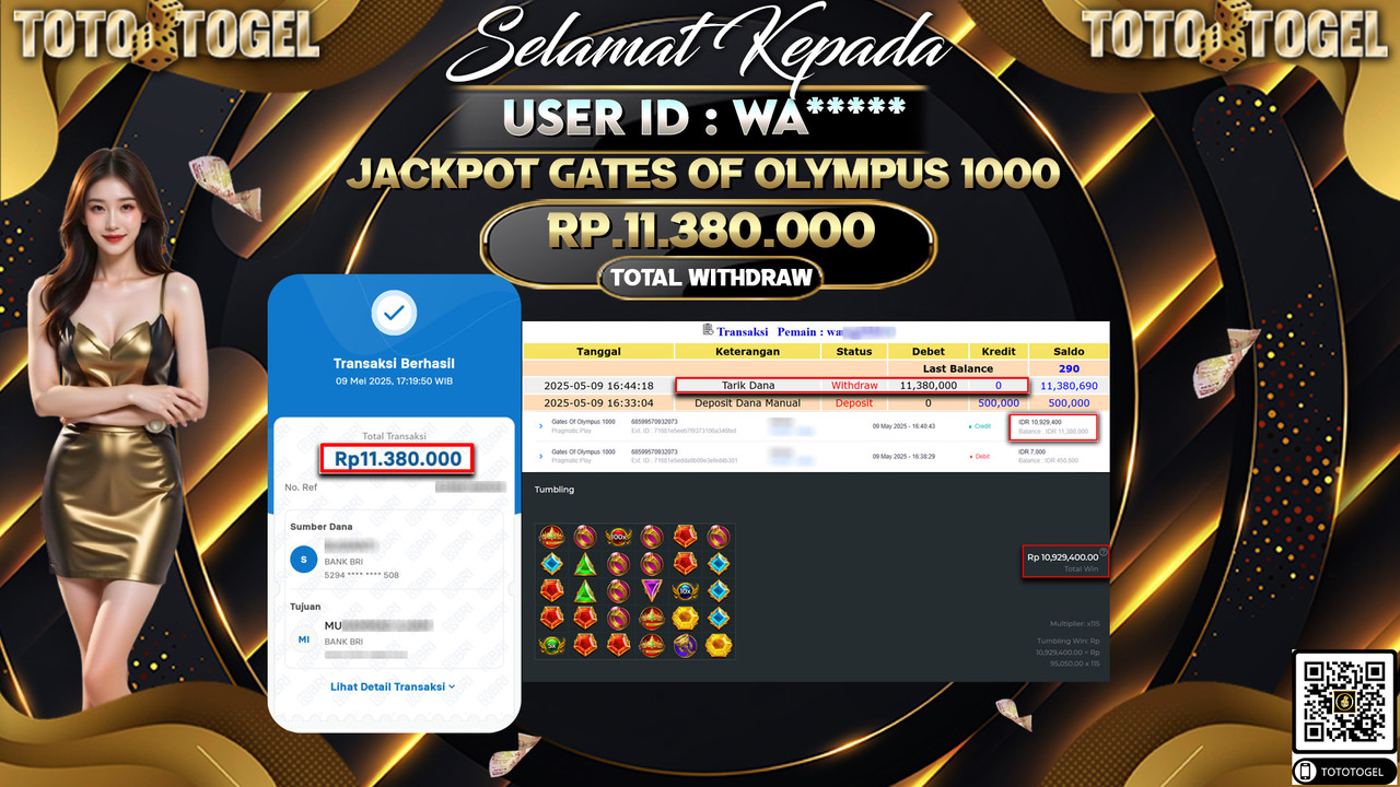 Bukti Pembayaran Jackpot  Permainan Slot Gates Of Olympus 1000 ID:WA***** LUNAS