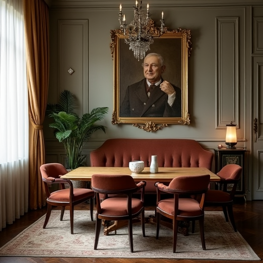 Роскошная гостиная с мебелью премиум-класса: массивный деревянный стол, дизайнерские стулья и классический интерьер.